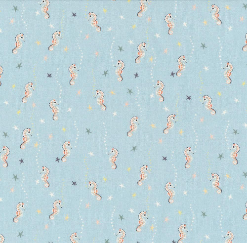 Dear Stella Fabrics Shell We Dance Bubble Trouble Skylight, fabric featuring a playful pattern of seahorses, stars, and dotted lines on a light blue background.