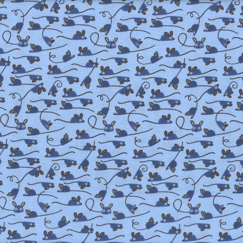 Dear Stella Fabrics Furruit Platter Mice Sky, fabric with a pattern of cute mice in shades of blue and black on a sky blue background.