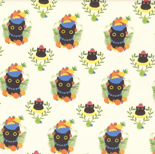 Dear Stella Fabrics Furruit Platter Carmen Purranda Vanilla, colorful cat-themed fabric pattern with black cats adorned with fruit, leaves, and jewelry design.