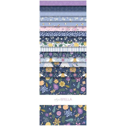 Dear Stella Fabrics To Bee Or Not To Bee Layer Cake Ten Inch Squares, collection of colorful fabric squares with floral, bee, and nature-inspired patterns in shades of blue, purple, yellow, and pink.