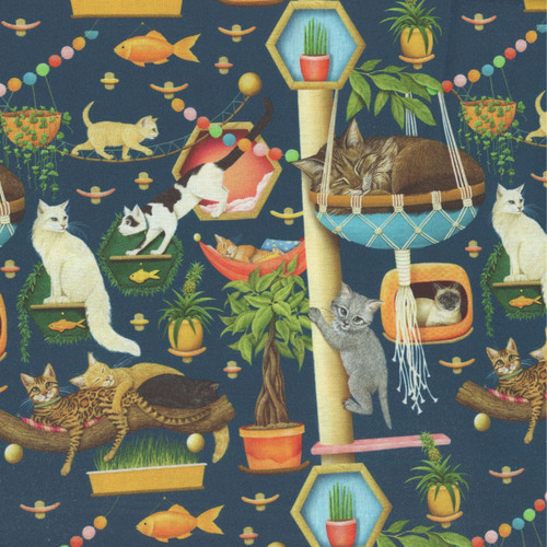 Timeless Treasures Fabrics Feline Fanatic Cat Trees And Perches Navy