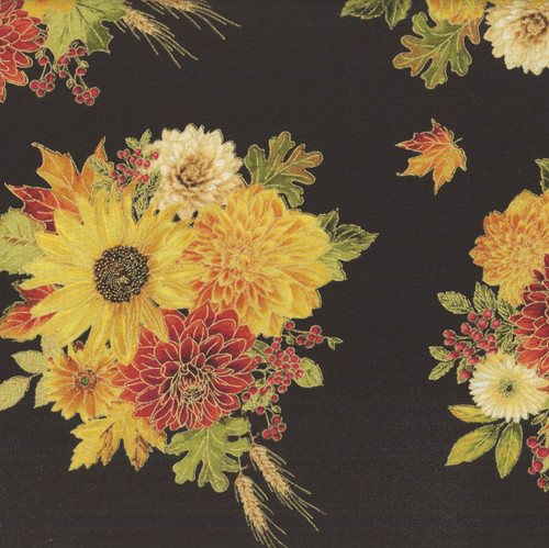 Timeless Treasures Fabrics Give Thanks Harvest Bouquets Metallic Black
