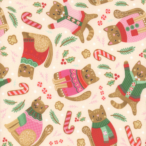 Timeless Treasures Fabrics Ginger Cat Christmas Gingerbread Cats Pink