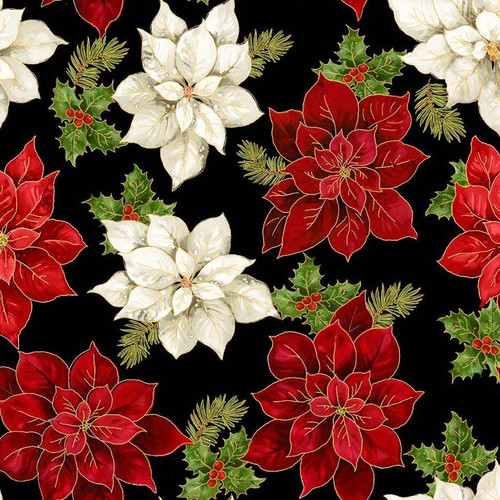 Timeless Treasures Fabrics Merry Christmas Poinsettia Floral Metallic Poinsettia