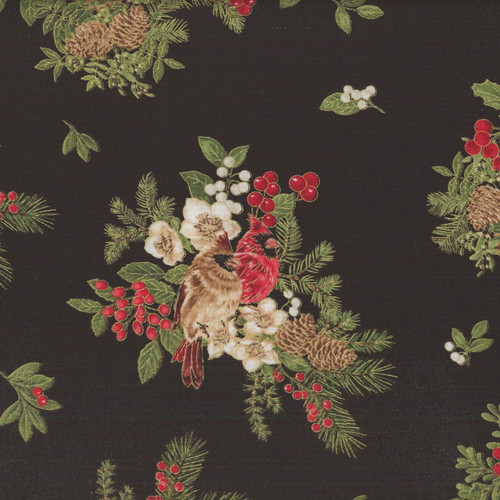 Timeless Treasures Fabrics Merry Christmas Cardinal On Floral Metallic Black