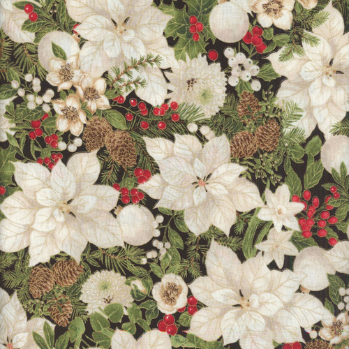 Timeless Treasures Fabrics Merry Christmas Holiday Floral Metallic Magnolia