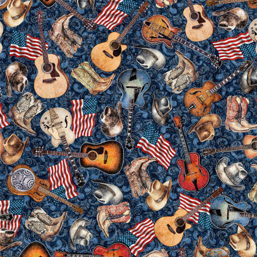 Quilting Treasures Fabrics American Country Dan Morris Blue Cowboy Hats Boots American Flags Guitars, a fabric pattern featuring musical instruments, cowboy hats, American flags, cowboy boots, and guitars on a blue swirling background.