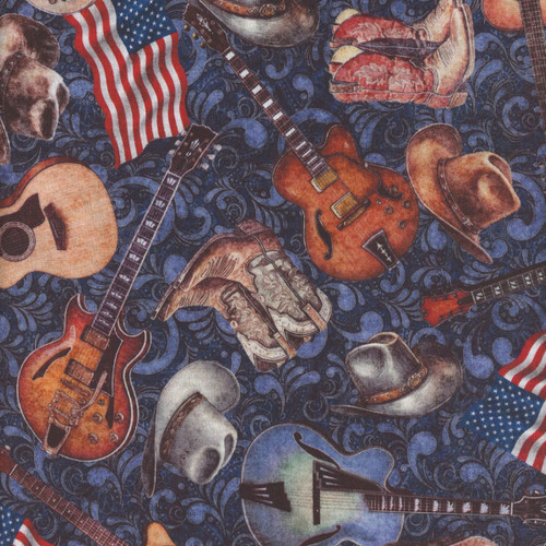 Quilting Treasures Fabrics American Country Dan Morris Blue Cowboy Hats Boots American Flags Guitars