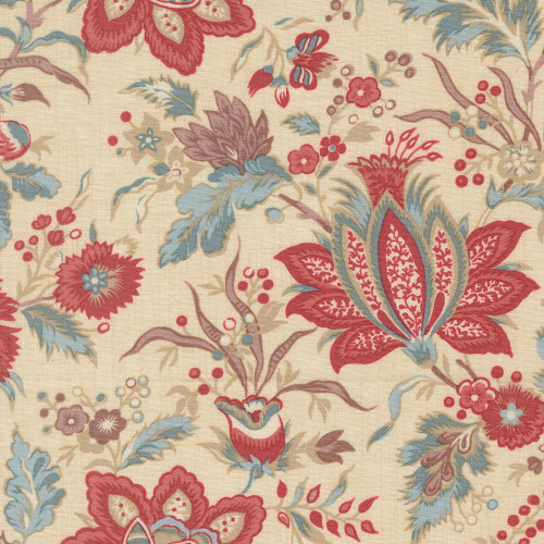 Moda Fabrics Fleur De Paris French General Pivoine Floral Pearl Cream Red, fabric with a detailed floral pattern in red, cream, blue, and beige tones.