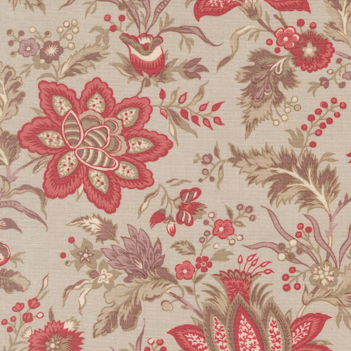 Moda Fabrics Fleur De Paris French General Pivoine Floral Smoke Grey Red, floral fabric pattern featuring pink, beige, and gray flowers and leaves.