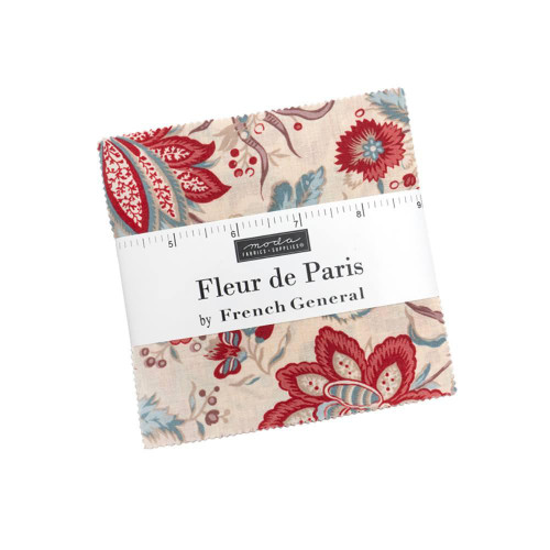 Moda Fabrics Fleur De Paris French General Charm Pack 5 Inch Squares, fabric with floral and paisley patterns in red, beige, and blue colors.