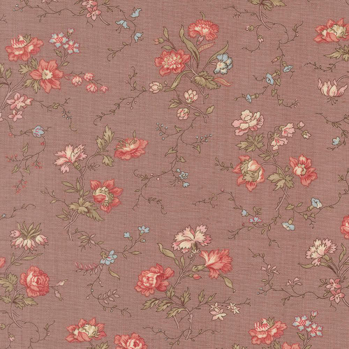 Moda Fabrics Fleur De Paris French General Parterre Floral Lavender Red, close-up of pink and lavender floral print fabric with delicate vines and leaves on a muted pink background.