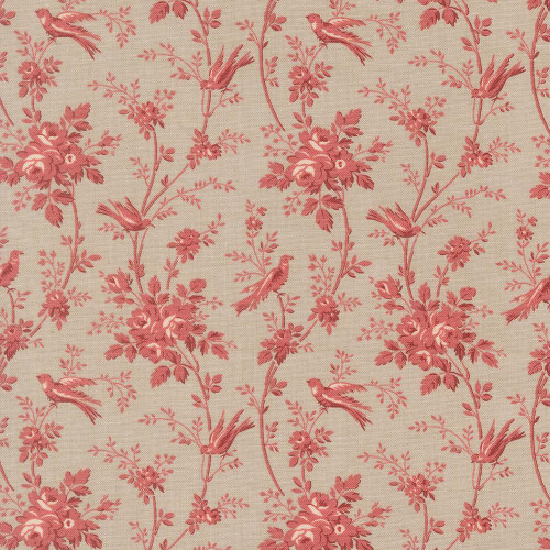 Moda Fabrics Fleur De Paris French General Oiseaux Floral Birds Smoke Grey Red, fabric pattern with pink birds, flowers, and foliage on a grey background.