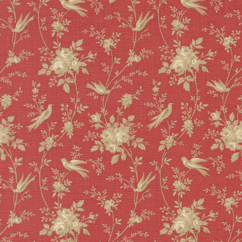 Moda Fabrics Fleur De Paris French General Oiseaux Floral Birds Garance Red Tan, fabric with a floral and bird pattern on a red background.