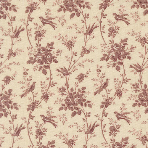 Moda Fabrics Fleur De Paris French General Oiseaux Floral Birds Pearl Lavender Lavender Red fabric, beige background with pinkish lavender floral and bird pattern.