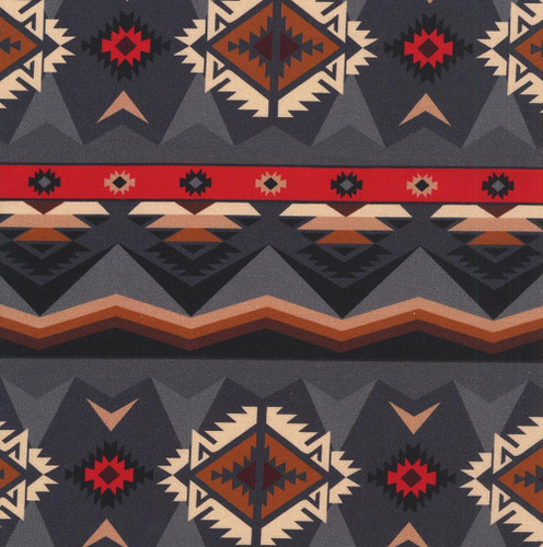 Windham Fabrics Spirit Trail Native American Charcoal Grey Red Brown Pampas, fabric with tribal geometric pattern in grey, black, red, beige, and brown colors.
