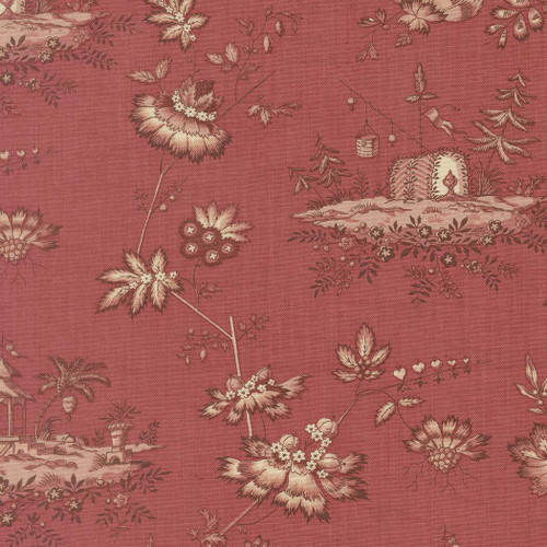Moda Fabrics Fleur De Paris French General Jardinage Floral Scenic Garance Red Tan, scenic floral print with intricate garden and landscape design on red and tan background.