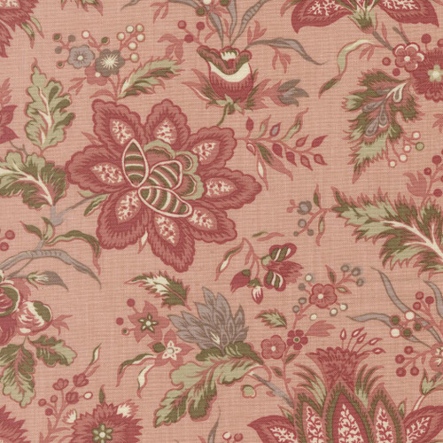 Moda Fabrics Fleur De Paris French General Pivoine Floral Pale Rose Pink Red Fabric, detailed close-up of the pink floral and leaf pattern on fabric.
