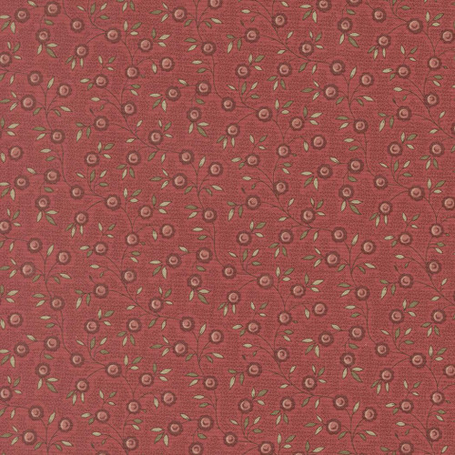 Moda Fabrics Fleur De Paris French General Topiare Floral Vine Garance Red Tan, floral vine fabric with red and tan colors and green leaves.