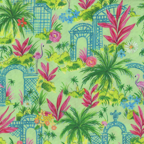 Benartex Fabrics Tropical Splash Green Tropical Garden Oasis, colorful tropical garden scene with flamingos, lush plants, and garden arches on fabric