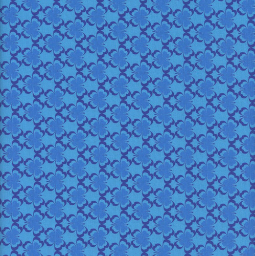 Benartex Fabrics Kaleidoscope Blue Flutter, vibrant blue fabric with a repeating floral and butterfly pattern.
