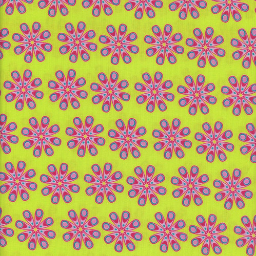 Benartex Fabrics Kaleidoscope Green Kaleidoscope, fabric with a vibrant green background featuring a repeating pattern of pink, purple, and blue petal-like shapes forming a kaleidoscope design.
