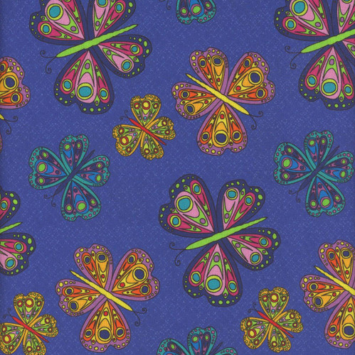Benartex Fabrics Kaleidoscope Blue Multi Flight, pattern of colorful butterflies on a blue background.