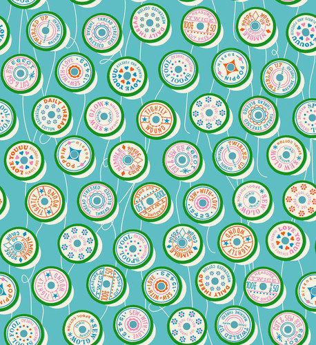 Moda Fabrics Trinketry Ruby Star Society Melody Miller Retro Spools of Thread Turquoise Blue, a pattern of colorful thread spools with sewing instructions on a turquoise background.