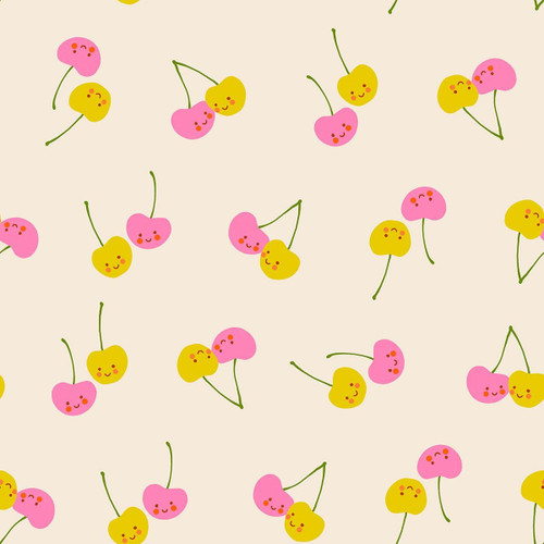 Moda Fabrics Trinketry Ruby Star Society Melody Miller Retro Kitchen Cherry Friends Natural Cream, cheerful pattern of smiling pink and yellow cherries on a cream background.