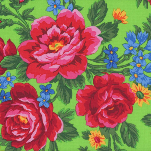 Elizabeths Studio Fabrics Kokum Scarf Babushka Ukrainian Embroidered Rose Lime, vibrant floral fabric with red and pink roses, blue flowers, and green leaves on lime green background.