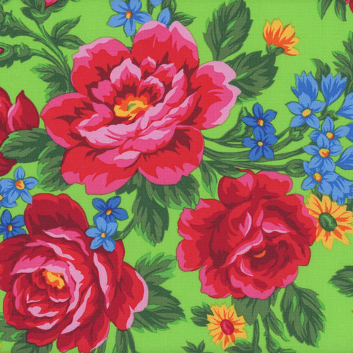 Elizabeths Studio Fabrics Kokum Scarf Babushka Ukrainian Embroidered Rose Lime