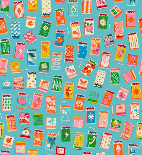 Moda Fabrics Trinketry Ruby Star Society Melody Miller Matchmaker Matchbook Turquoise Blue, colorful matchbook illustrations with various patterns and symbols on a turquoise background.