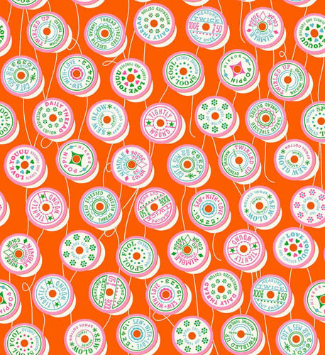 Moda Fabrics Trinketry Ruby Star Society Melody Miller Retro Spools of Thread Goldfish Orange, colorful spools of thread with sewing tips text on a vibrant orange background.
