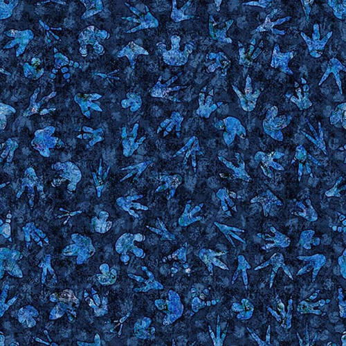 Quilting Treasures Fabrics Savage Kingdom Dan Morris Blue Dinosaur Footprints, fabric with blue dinosaur footprint patterns on a dark background.
