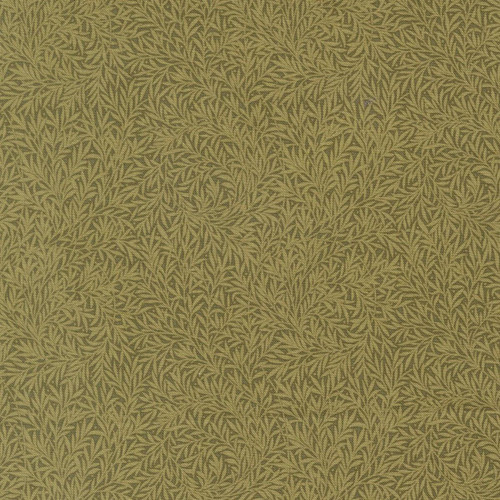 Moda Fabrics William Morris Muse Barbara Brackman Willow Leaf Sage Forest Green, fabric with intricate vine and leaf pattern in sage green and forest green colors.