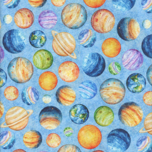 Quilting Treasures Fabrics QT Cuties Dan Morris Creative Blue Planets, colorful illustrated planets on a blue background fabric.