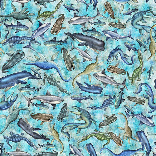 Quilting Treasures Fabrics Savage Kingdom Dan Morris Aqua Blue Ocean Dinosaurs, fabric with a vibrant blue water background and various illustrated dinosaurs and marine creatures.