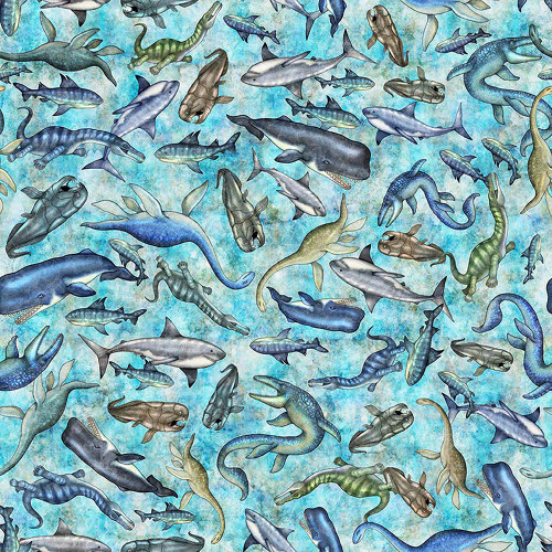 Quilting Treasures Fabrics Savage Kingdom Dan Morris Aqua Blue Ocean Dinosaurs