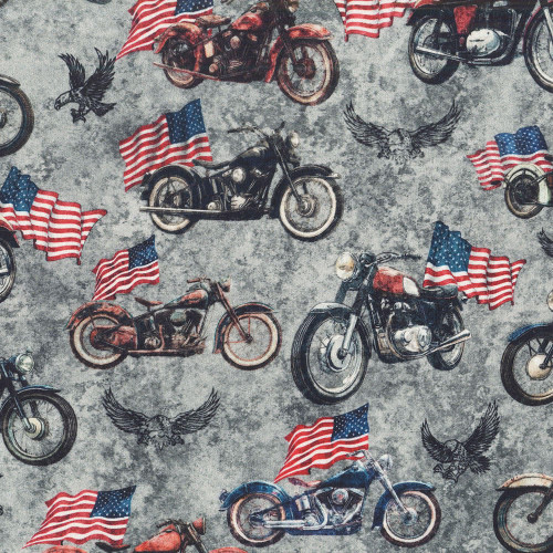 Quilting Treasures Fabrics Stars, Stripes, and Steel Dan Morris Grey Motorcycles and American Flags