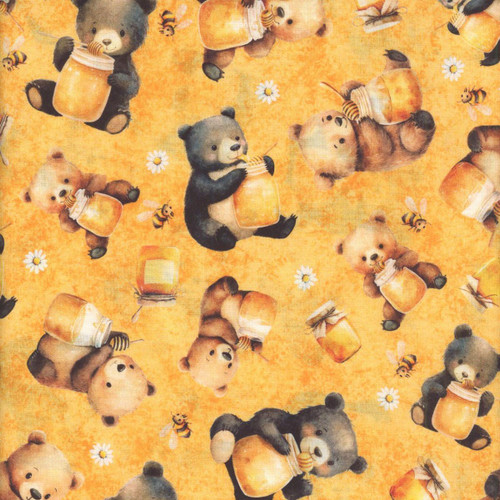 Quilting Treasures Fabrics Buzz, Buzz, Buzz Dan Morris Gold Yellow Bears Bees Honey Pots - Pattern featuring cute bears holding honey jars, bees, honey pots, and daisies on a warm yellow background.