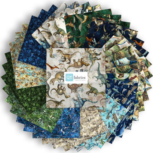 Quilting Treasures Fabrics Savage Kingdom Dan Morris Layer Cake Ten Inch Squares, fabric bundle featuring dinosaur designs in various colors and patterns.