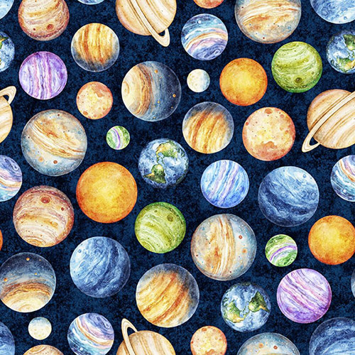 Quilting Treasures Fabrics QT Cuties Dan Morris Creative Midnight Blue Planets, a fabric featuring colorful planets and celestial bodies in a space-themed design.