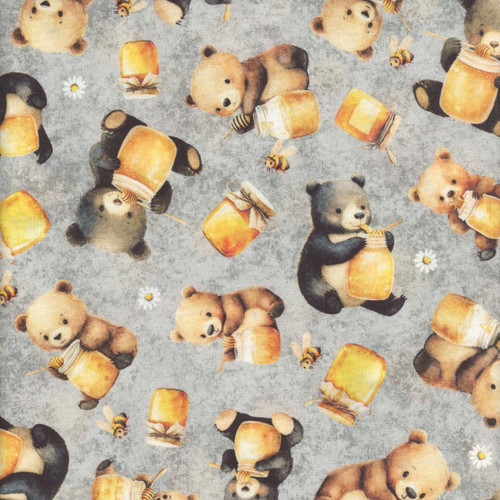 Quilting Treasures Fabrics Buzz, Buzz, Buzz Dan Morris Smoke Grey Bears Bees Honey Pots fabric, featuring adorable bears, bees, honey jars, and daisies on a grey background.