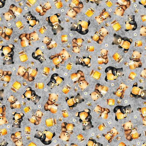 Quilting Treasures Fabrics Buzz, Buzz, Buzz Dan Morris Smoke Grey Bears Bees Honey Pots
