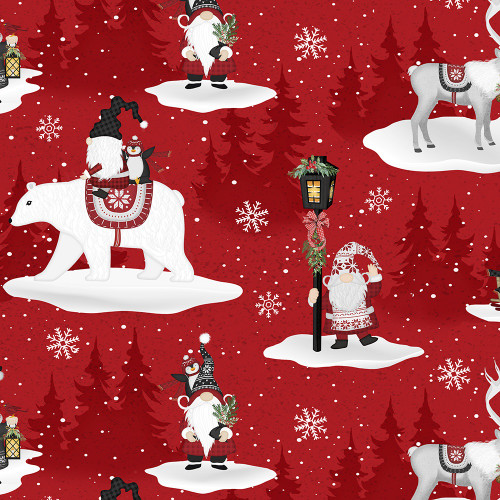 Wilmington Prints Snowy Gnomies Jennifer Pugh Scenic Gnomes Red