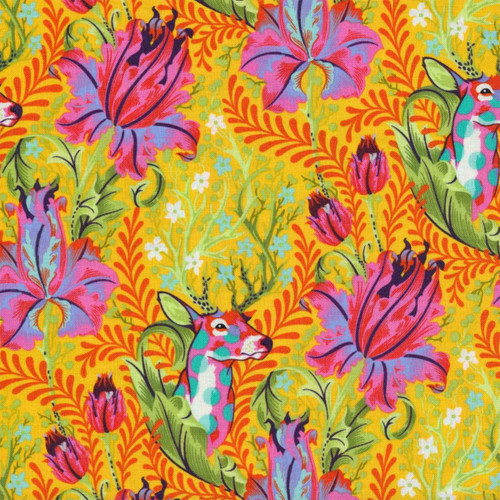 Free Spirit Fabrics Tiny Beasts by Tula Pink Deer John Glow fabric, colorful illustration featuring deer with antlers, large pink and purple flowers, green leaves, and small white and light blue flowers on a bright yellow background.