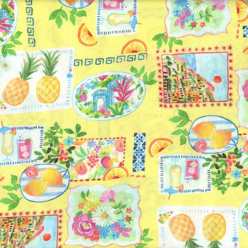 Benartex Fabrics Tropical Splash Yellow Tropical Stamps, vibrant yellow fabric featuring tropical-themed prints including pineapples, citrus slices, flowers, and seaside scenes.
