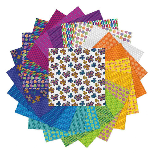 Benartex Fabrics Kaleidoscope Layer Cake Ten Inch Squares, colorful fabric squares with various floral and geometric patterns arranged in a circular display.