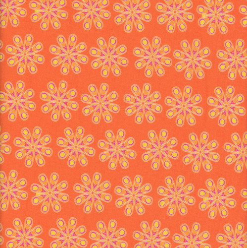 Benartex Fabrics Kaleidoscope Orange Kaleidoscope, vibrant orange fabric with a repeating pattern of pink and yellow geometric floral designs.