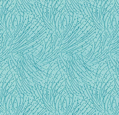 Benartex Fabrics Coastal by Nicole De Camp Weathered Washed Wood Sea Mist Blue, fabric pattern featuring abstract, flowing lines and dotted accents in shades of blue.